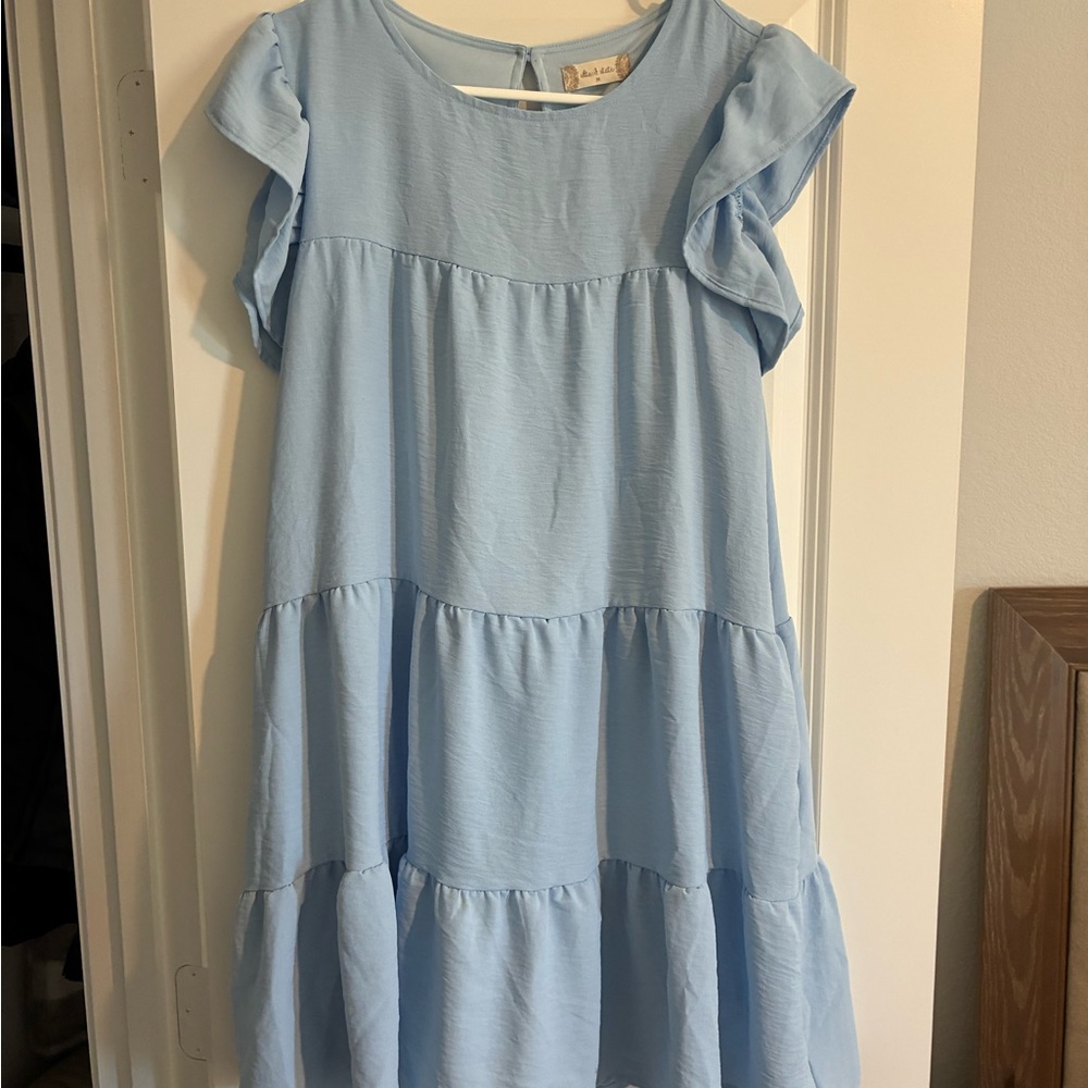 Altar'd State Light Blue Tiered Ruffle Sleeve Mini Dress